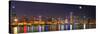 Chicago skyline with Cubs World Series lights night, Moonrise, Lake Michigan, Chicago, Cook Coun...-null-Stretched Canvas