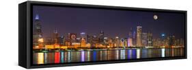 Chicago skyline with Cubs World Series lights night, Moonrise, Lake Michigan, Chicago, Cook Coun...-null-Framed Stretched Canvas