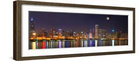 Chicago skyline with Cubs World Series lights night, Moonrise, Lake Michigan, Chicago, Cook Coun...-null-Framed Photographic Print