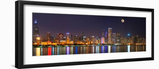 Chicago skyline with Cubs World Series lights night, Moonrise, Lake Michigan, Chicago, Cook Coun...-null-Framed Photographic Print