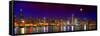 Chicago skyline with Cubs World Series lights night, Moonrise, Lake Michigan, Chicago, Cook Coun...-null-Framed Stretched Canvas