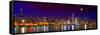 Chicago skyline with Cubs World Series lights night, Moonrise, Lake Michigan, Chicago, Cook Coun...-null-Framed Stretched Canvas