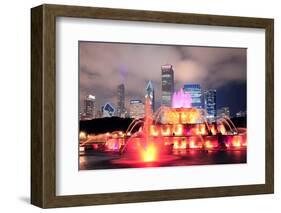 Chicago Skyline with Skyscrapers and Buckingham Fountain in Grant Park at Night Lit by Colorful Lig-Songquan Deng-Framed Photographic Print