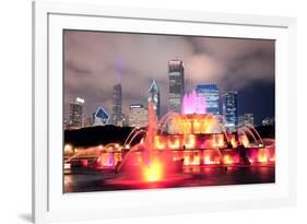 Chicago Skyline with Skyscrapers and Buckingham Fountain in Grant Park at Night Lit by Colorful Lig-Songquan Deng-Framed Photographic Print