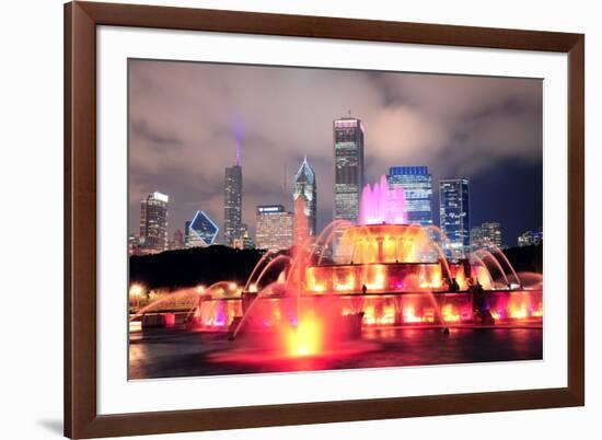 Chicago Skyline with Skyscrapers and Buckingham Fountain in Grant Park at Night Lit by Colorful Lig-Songquan Deng-Framed Photographic Print