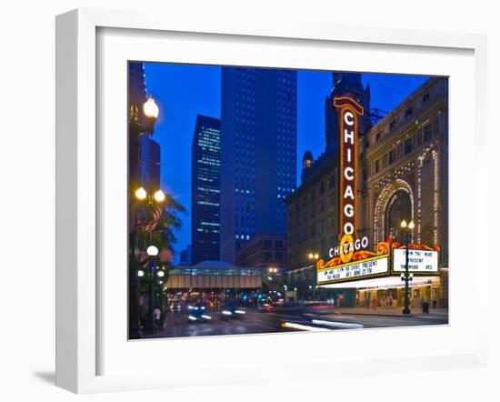 Chicago Theatre marquee at night, Chicago, Cook County, Illinois, USA-null-Framed Photographic Print