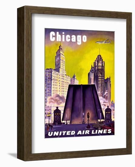 Chicago - United Air Lines - The Tribune Tower, Wrigley Building, and Michigan Avenue Bridge-null-Framed Art Print