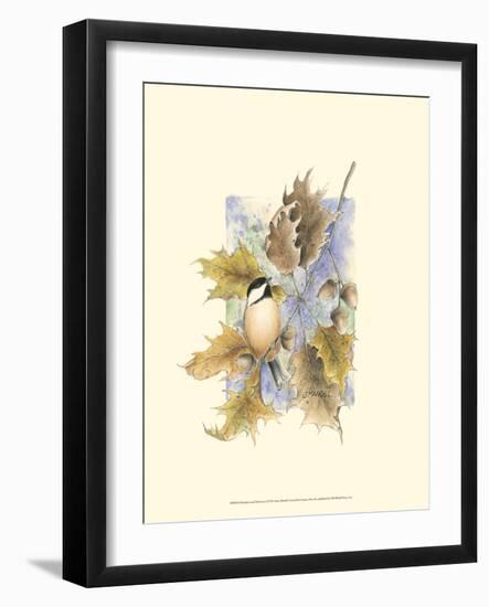 Chickadee and Oak Leaves-Janet Mandel-Framed Art Print