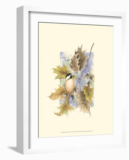 Chickadee and Oak Leaves-Janet Mandel-Framed Art Print