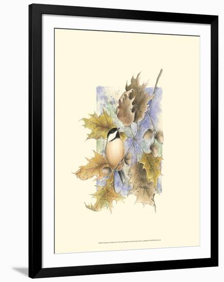 Chickadee and Oak Leaves-Janet Mandel-Framed Art Print