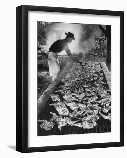 Chicken and Pork Cooking on the Grill During Flordia Swamp Barbeque-null-Framed Photographic Print