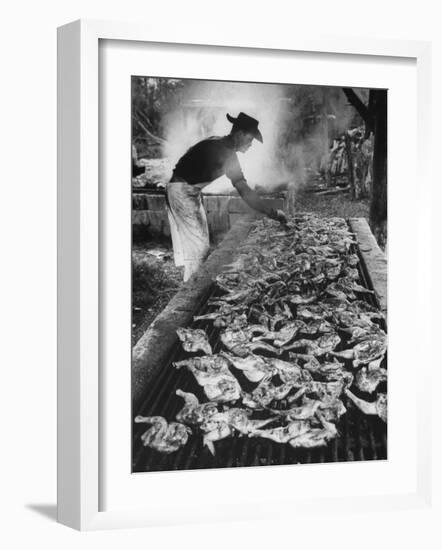 Chicken and Pork Cooking on the Grill During Flordia Swamp Barbeque-null-Framed Photographic Print