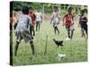 Chickens Run to Avoid a Soccer Game Played by Children from Lolovoli Village on the Island of Ambae-null-Stretched Canvas