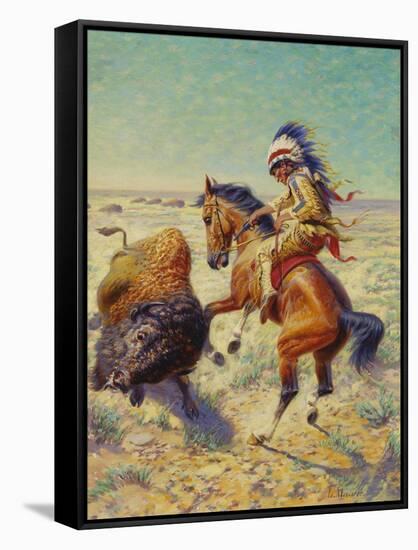 Chief Spotted Tail Shooting Buffalo, c.1894-Louis Maurer-Framed Stretched Canvas