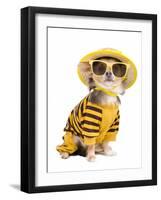 Chihuahua Dressed With T-Shirt, Straw Hat And Sun Glasses-vitalytitov-Framed Photographic Print