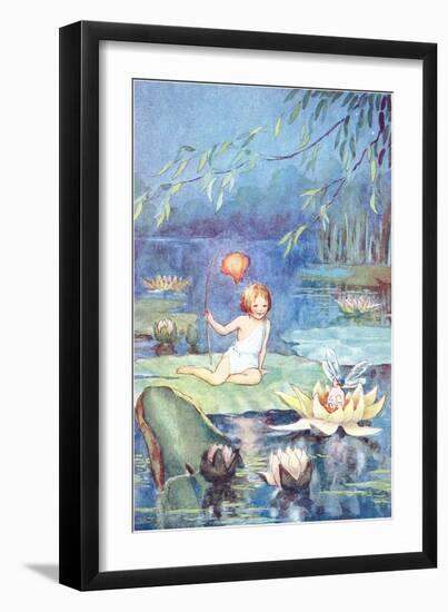 Child and Fairy on Lily Pond-null-Framed Art Print