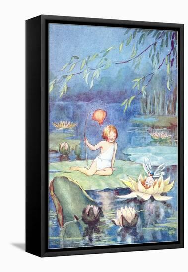 Child and Fairy on Lily Pond-null-Framed Stretched Canvas