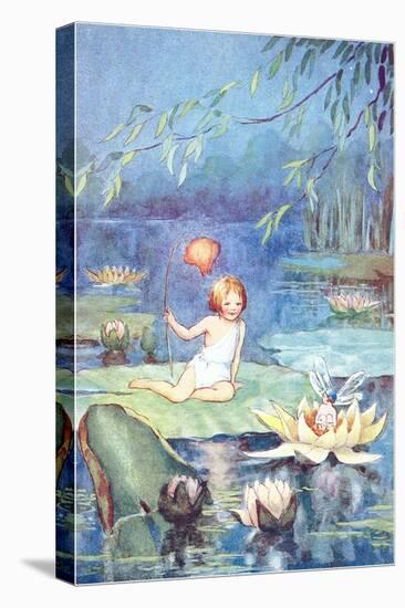 Child and Fairy on Lily Pond-null-Stretched Canvas