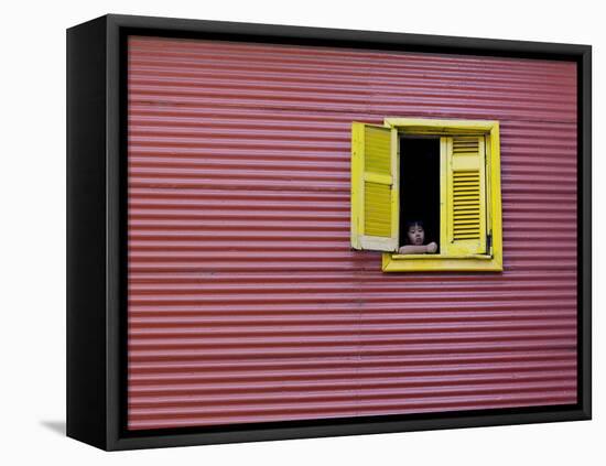 Child at a Window, La Boca, Buenos Aires, Argentina, South America-Thorsten Milse-Framed Stretched Canvas
