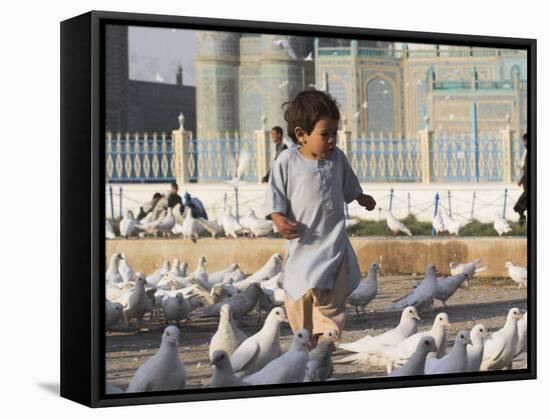 Child Chasing the Famous White Pigeons, Mazar-I-Sharif, Afghanistan-Jane Sweeney-Framed Stretched Canvas