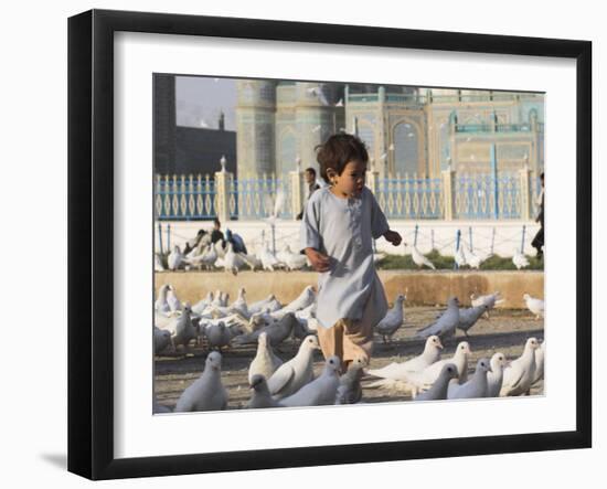 Child Chasing the Famous White Pigeons, Mazar-I-Sharif, Afghanistan-Jane Sweeney-Framed Photographic Print