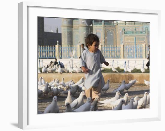 Child Chasing the Famous White Pigeons, Mazar-I-Sharif, Afghanistan-Jane Sweeney-Framed Photographic Print