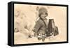 Child in Snow with Old Camera-null-Framed Stretched Canvas