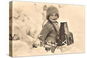 Child in Snow with Old Camera-null-Stretched Canvas