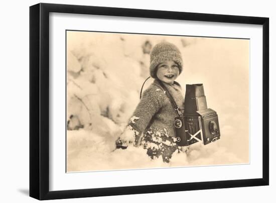 Child in Snow with Old Camera-null-Framed Art Print