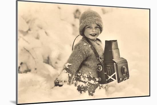 Child in Snow with Old Camera-null-Mounted Art Print