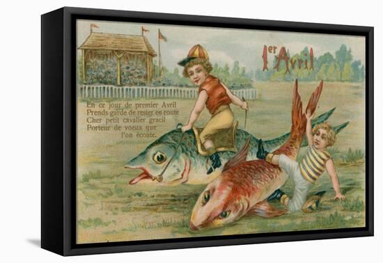 Child Jockeys Racing Fish, 1 April Card, 1913-null-Framed Stretched Canvas