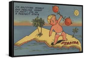 Child Lifting Barbell of Oranges on State of Florida - Florida-Lantern Press-Framed Stretched Canvas