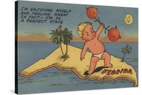Child Lifting Barbell of Oranges on State of Florida - Florida-Lantern Press-Stretched Canvas