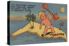 Child Lifting Barbell of Oranges on State of Florida - Florida-Lantern Press-Stretched Canvas