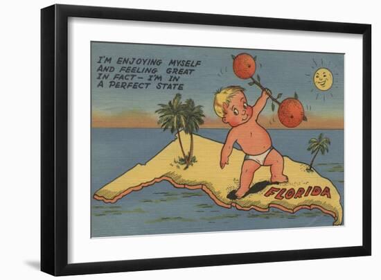 Child Lifting Barbell of Oranges on State of Florida - Florida-Lantern Press-Framed Art Print
