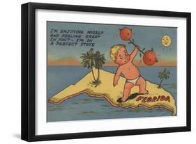 Child Lifting Barbell of Oranges on State of Florida - Florida-Lantern Press-Framed Art Print