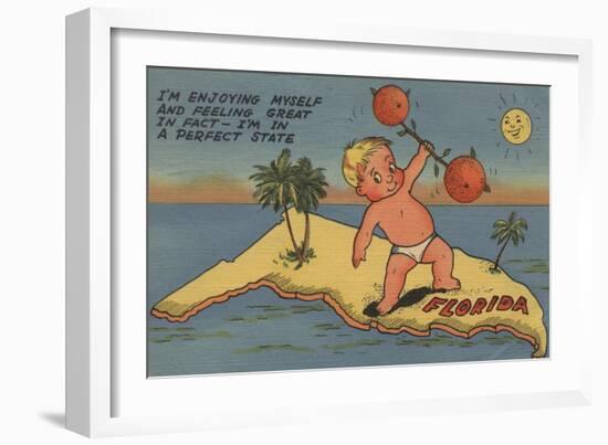 Child Lifting Barbell of Oranges on State of Florida - Florida-Lantern Press-Framed Art Print