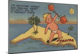 Child Lifting Barbell of Oranges on State of Florida - Florida-Lantern Press-Mounted Art Print