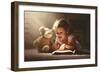 Child Little Girl Reading a Magic Book in the Dark Home with a Toy Teddy Bear-evgeny atamanenko-Framed Photographic Print