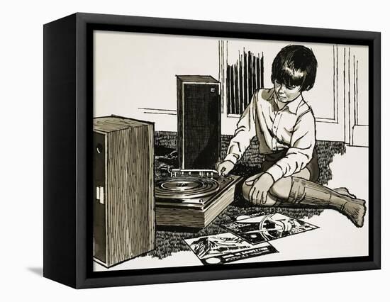 Child Playing a Record Player-English School-Framed Stretched Canvas