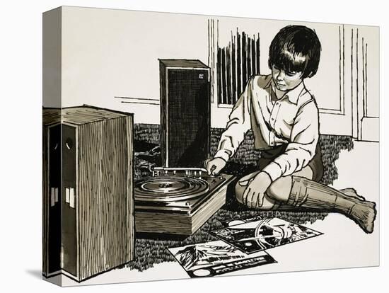 Child Playing a Record Player-English School-Stretched Canvas