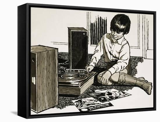 Child Playing a Record Player-English School-Framed Stretched Canvas