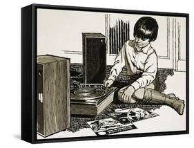 Child Playing a Record Player-English School-Framed Stretched Canvas