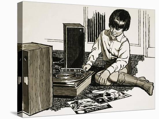 Child Playing a Record Player-English School-Stretched Canvas