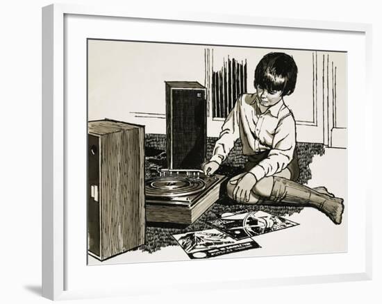 Child Playing a Record Player-English School-Framed Giclee Print