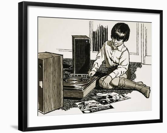 Child Playing a Record Player-English School-Framed Giclee Print