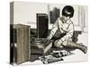 Child Playing a Record Player-English School-Stretched Canvas