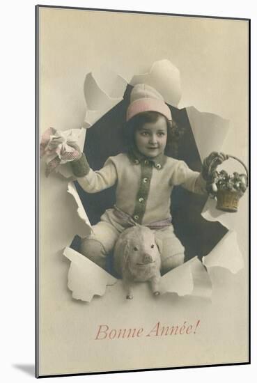 Child with Pig Bursting Through Paper-null-Mounted Art Print