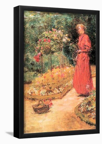 Childe Hassam Woman Cuts Roses in a Garden Art Print Poster-null-Framed Poster