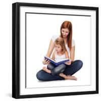 Childhood, Parenting and Relationship Concept - Happy Mother with Adorable Little Girl Reading Book-dolgachov-Framed Premium Photographic Print